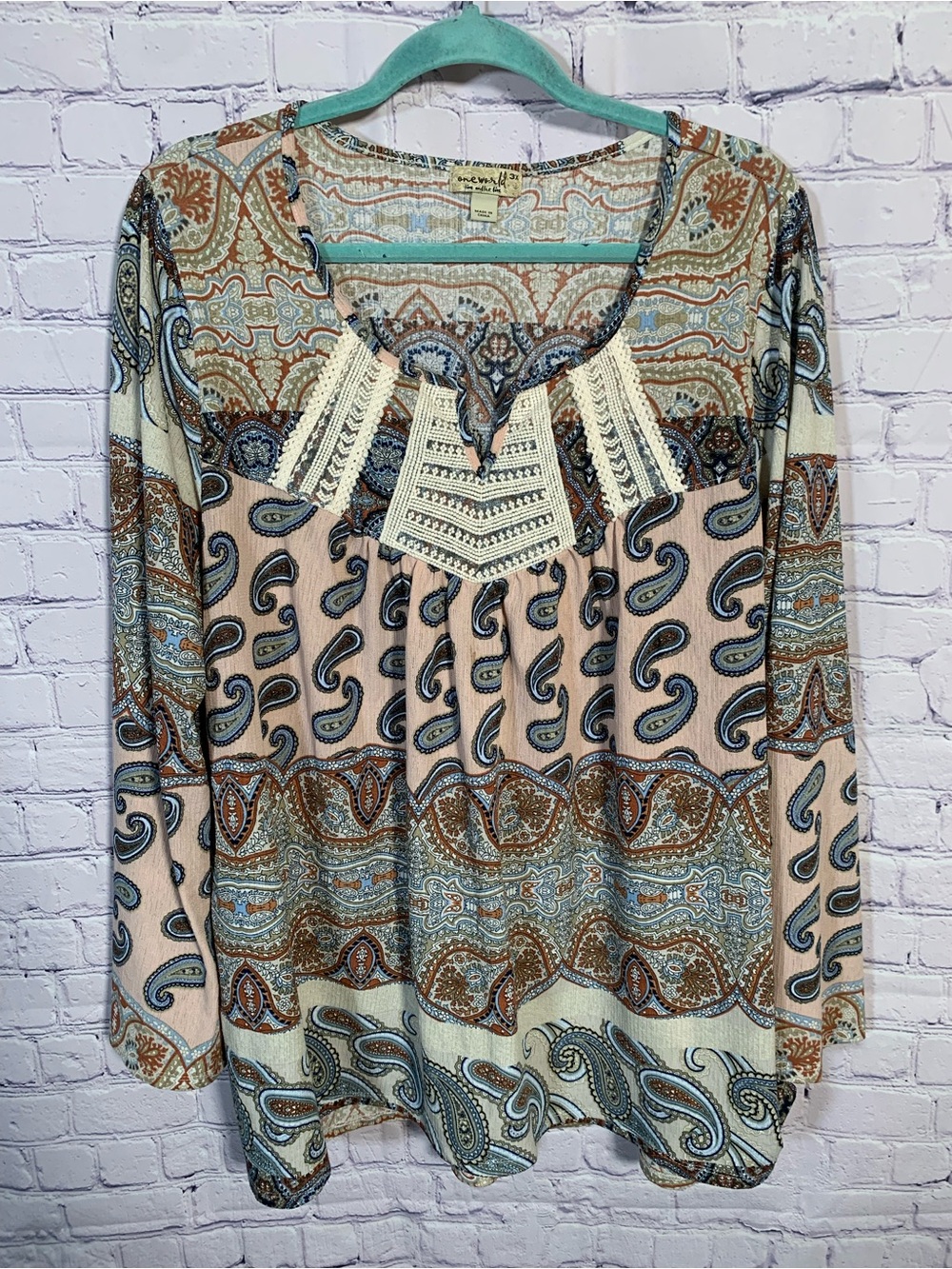 One World Womens Patchwork Long Sleeve Top Multi Size 3X Fairy Forest Fairy